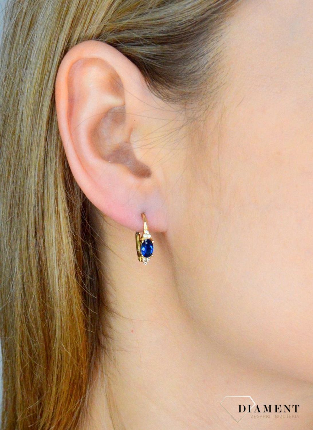 Złote kolczyki damskie 585 niebieska cyrkonia KL 9124A.jpg